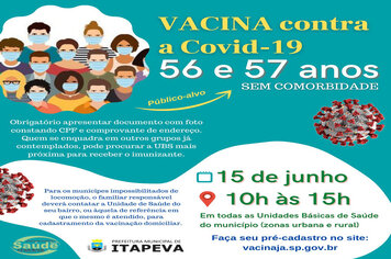 Munícipes de 56 e 57 anos serão vacinados nesta terça-feira, dia 15