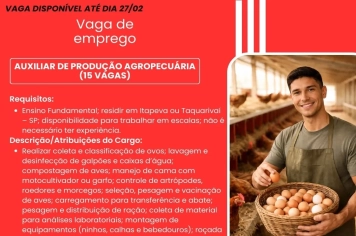 PAT divulga a abertura de nova vaga de emprego em Itapeva