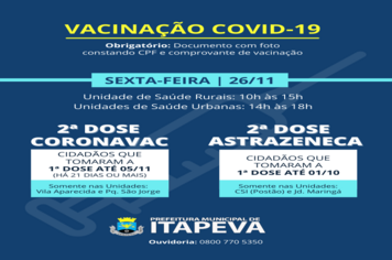 Itapeva aplica 2ª dose das vacinas Coronavac e Astrazeneca nesta sexta-feira (26)