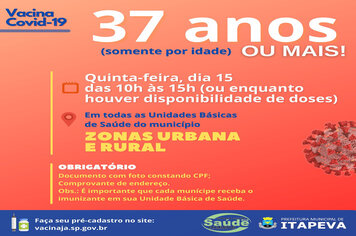 Itapeva vacinará munícipes a partir de 37 anos nesta quinta-feira, dia 15 de julho