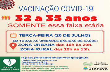 Itapeva vacinará munícipes de 32 a 35 anos nesta terça-feira, dia 20 de julho
