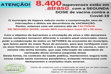 ATENÇÃO: 8.400 itapevenses estão em ATRASO com a SEGUNDA DOSE de vacina contra a Covid-19