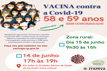 Munícipes de 58 e 59 anos serão vacinados nesta segunda-feira, dia 14, na zona urbana