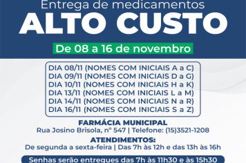Farmácia Municipal realiza entrega de medicamentos de alto custo até o dia 16 de novembro
