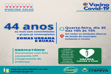 Itapeva vacinará munícipes a partir de 44 anos nesta quarta-feira, dia 30