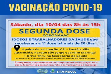 Itapeva dará sequência à vacinação da 2ª dose de Coronavac para idosos e trabalhadores da Saúde