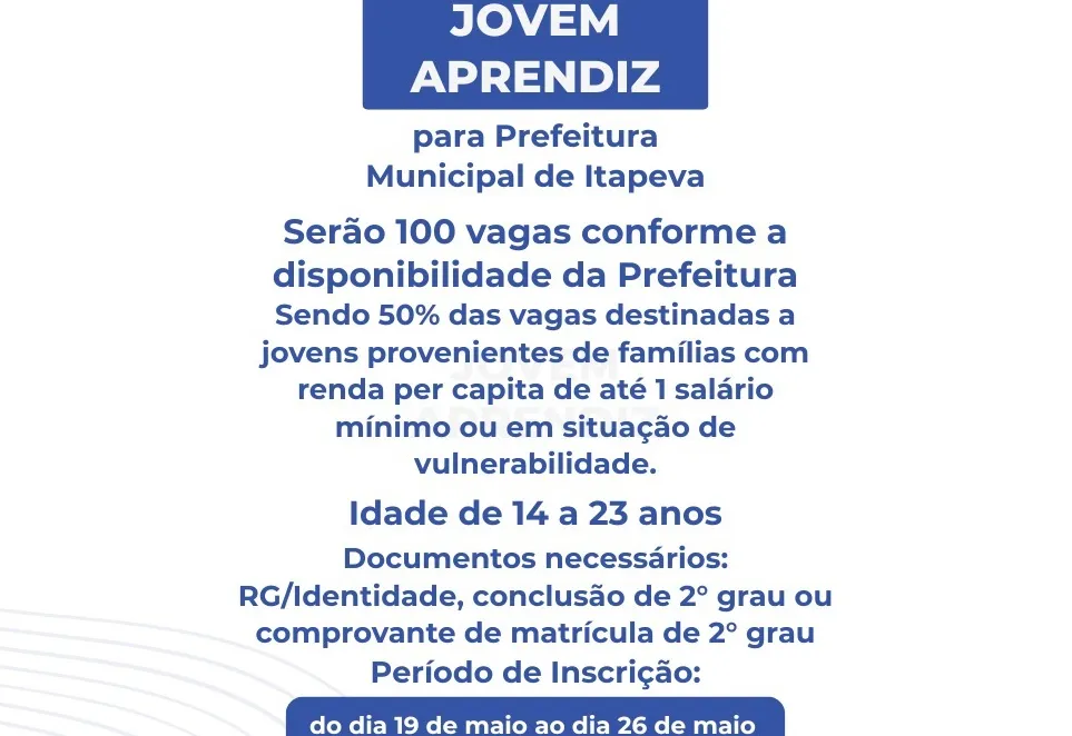 Secretaria de Administração e Recursos Humanos e Adesai estão com as inscrições abertas para o programa Jovem Aprendiz até o dia 26 de maio