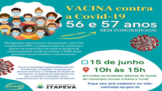 Munícipes de 56 e 57 anos serão vacinados nesta terça-feira, dia 15