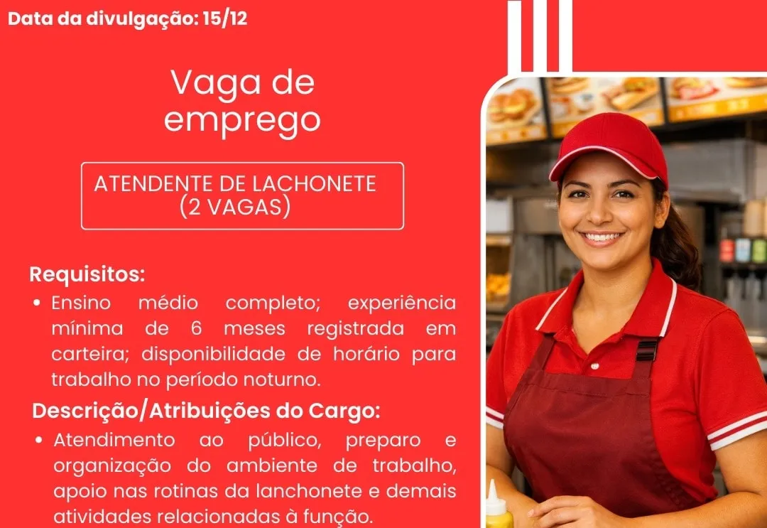 PAT divulga a abertura de nova vaga de emprego em Itapeva