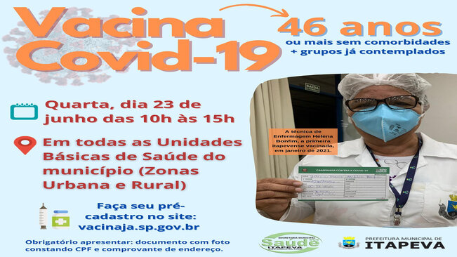 Itapeva vacinará munícipes a partir de 46 anos nesta quarta-feira, dia 23