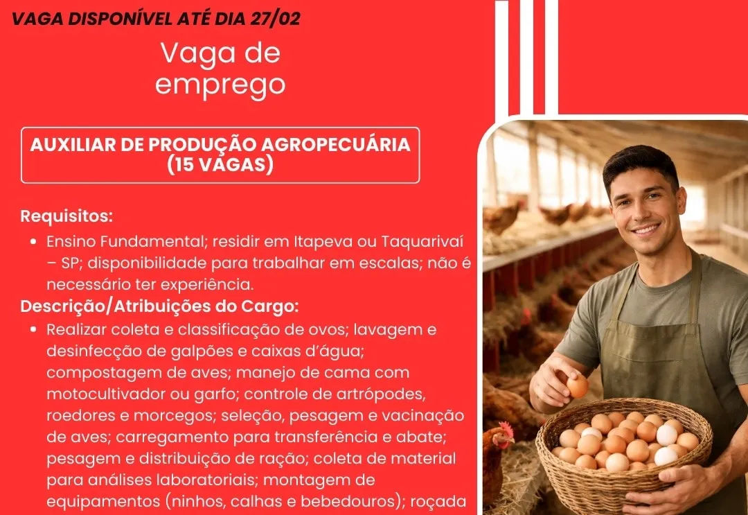 PAT divulga a abertura de nova vaga de emprego em Itapeva