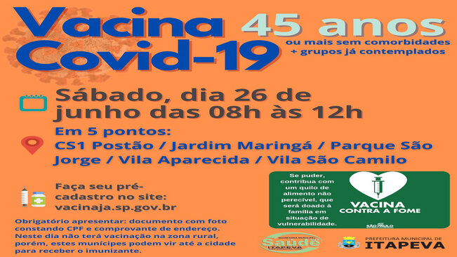 Itapeva vacinará munícipes a partir de 45 anos neste sábado, dia 26