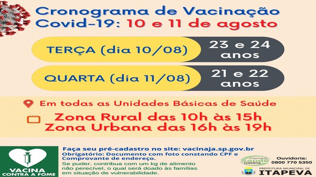 Itapeva vacinará munícipes de 21 a 24 anos nesta terça (10) e quarta (11)