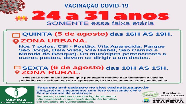 Itapeva vacinará munícipes de 24 a 31 anos nesta quinta (5) e sexta (6)