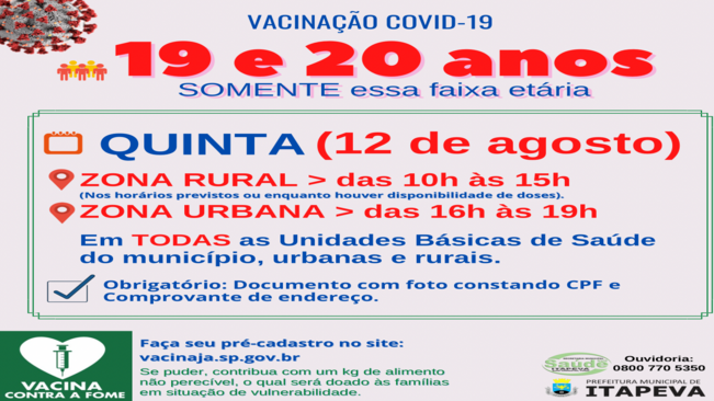 Itapeva vacinará munícipes de 19 e 20 anos nesta quinta-feira (12)