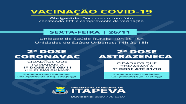 Itapeva aplica 2ª dose das vacinas Coronavac e Astrazeneca nesta sexta-feira (26)