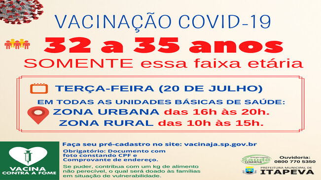 Itapeva vacinará munícipes de 32 a 35 anos nesta terça-feira, dia 20 de julho