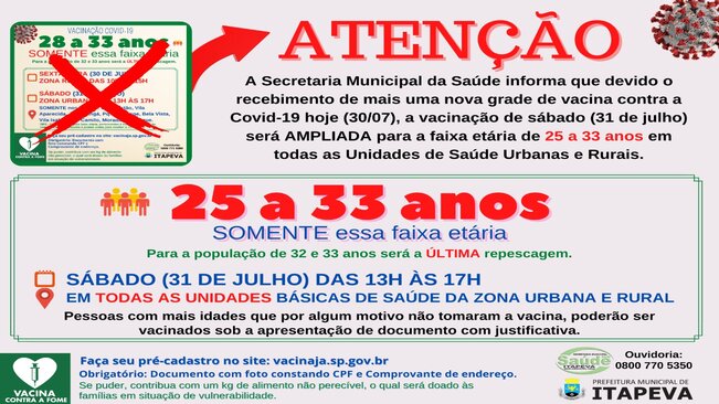 ATENÇÃO: Itapeva amplia a faixa etária e vacinará munícipes de 25 a 33 anos neste sábado (31)