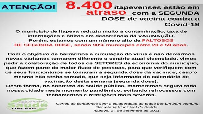 ATENÇÃO: 8.400 itapevenses estão em ATRASO com a SEGUNDA DOSE de vacina contra a Covid-19
