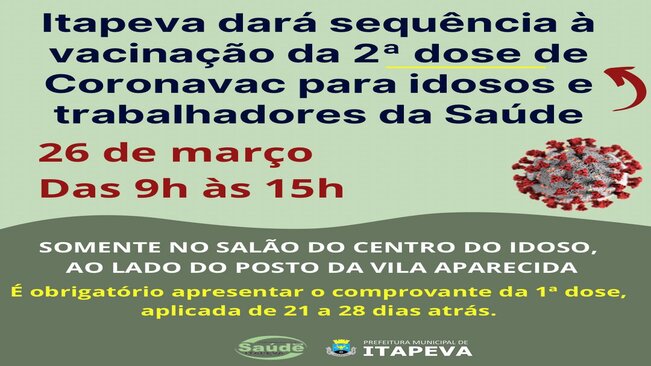 Itapeva dará sequência à vacinação da 2ª dose de Coronavac para idosos e trabalhadores da Saúde