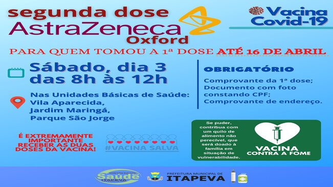 2ª dose de Astrazeneca/Oxford será neste sábado, dia 3 de julho