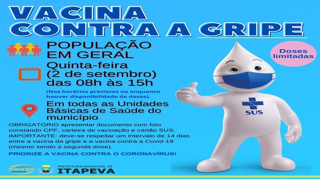 Vacina contra a Gripe será aplicada em todos os Postos de Saúde na quinta-feira, dia 2 de setembro