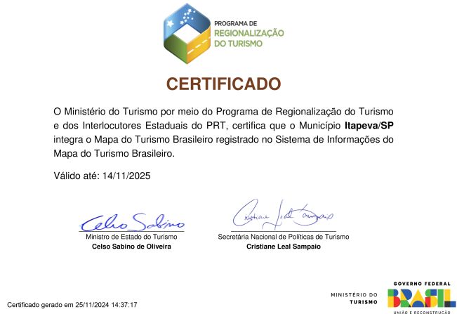 Itapeva é certificada no Mapa do Turismo Brasileiro