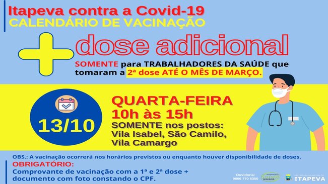 DOSE ADICIONAL para Trabalhadores da Saúde será aplicada na quarta-feira, dia 13