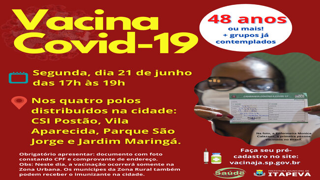 Itapeva vacinará munícipes a partir de 48 anos nesta segunda-feira, dia 21