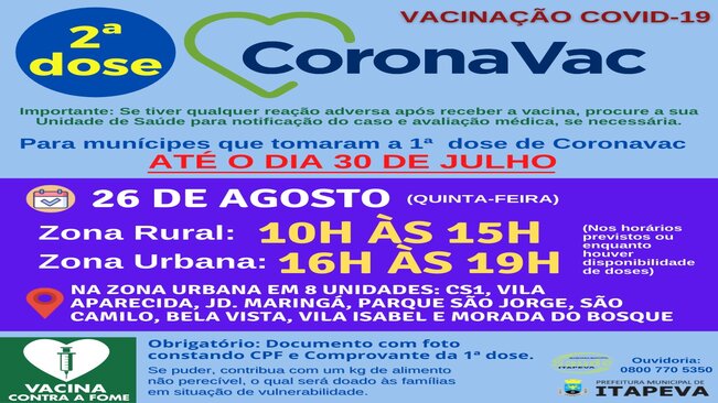 SEGUNDA DOSE de CORONAVAC será aplicada na quinta-feira, dia 26 de agosto