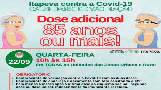 DOSE ADICIONAL começará a ser aplicada em idosos na próxima quarta-feira, dia 22
