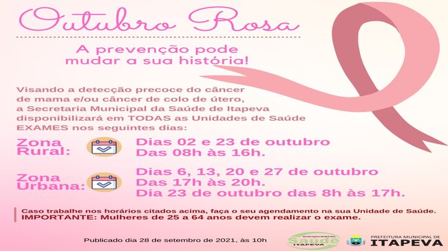 NOVAS DATAS: Unidades de Saúde realizarão exames no Outubro Rosa, o mês de prevenção ao câncer de mama e de colo de útero