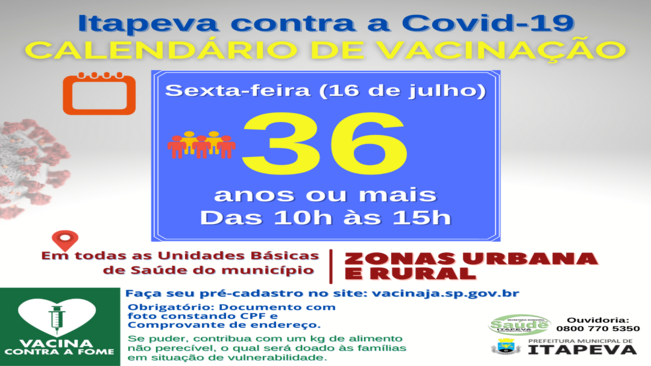 Itapeva vacinará munícipes a partir de 36 anos nesta sexta-feira, dia 16 de julho