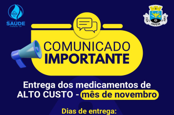 Farmácia Municipal informa dias para retirada dos medicamentos de alto custo no mês de novembro