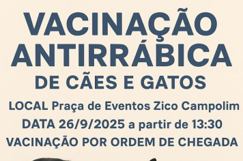  Secretaria de Saúde realiza vacinação contra a raiva animal dia 26, a partir das 13h30 na Praça de Eventos