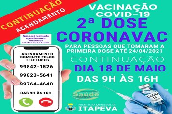 Agendamento para a 2ª dose de Coronavac será na próxima terça-feira, dia 18 de maio