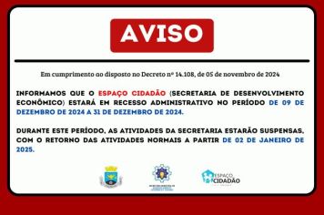 Espaço Cidadão entra em recesso de 09 a 31 de dezembro