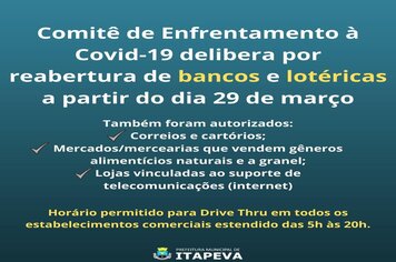 Comitê de Enfrentamento à Covid-19 delibera por reabertura de bancos e lotéricas a partir do dia 29 de março