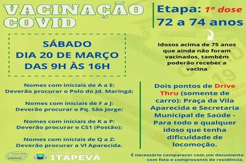 Idosos de 72 a 74 anos serão vacinados neste sábado, dia 20 de março