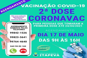 Agendamento para a 2ª dose de Coronavac será na próxima segunda-feira, dia 17