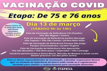 Idosos de 75 e 76 anos serão vacinados neste sábado, dia 13 de março