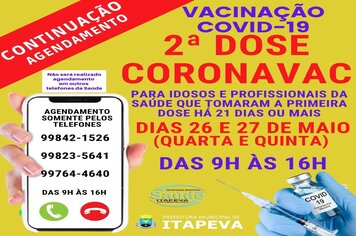 Agendamento para a 2ª dose de Coronavac serão nos dias 26 e 27 de maio