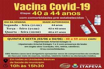 Pessoas de 40 a 44 anos com comorbidades serão vacinadas de 31 de maio a 02 de junho