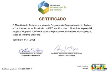 Itapeva é certificada no Mapa do Turismo Brasileiro