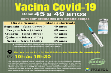 Pessoas de 45 a 49 anos com comorbidades serão vacinadas de 24 a 28 de maio