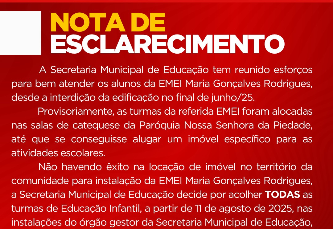 Prefeitura viabiliza local provisório para alunos da EMEI Maria Gonçalves Rodrigues