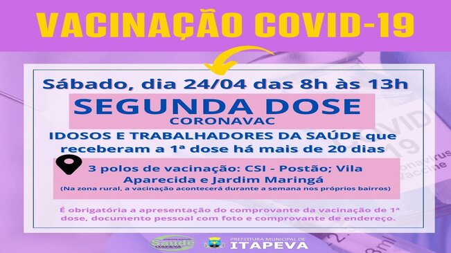 Itapeva dará sequência à vacinação da 2ª dose de Coronavac para idosos e trabalhadores da Saúde