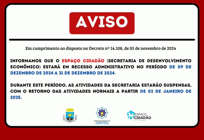 Espaço Cidadão entra em recesso de 09 a 31 de dezembro