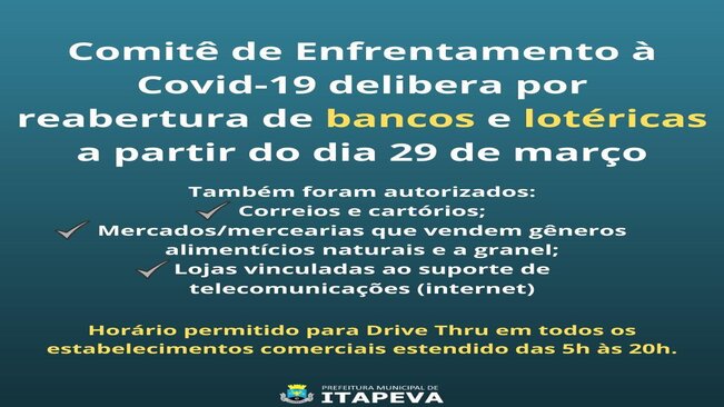 Comitê de Enfrentamento à Covid-19 delibera por reabertura de bancos e lotéricas a partir do dia 29 de março