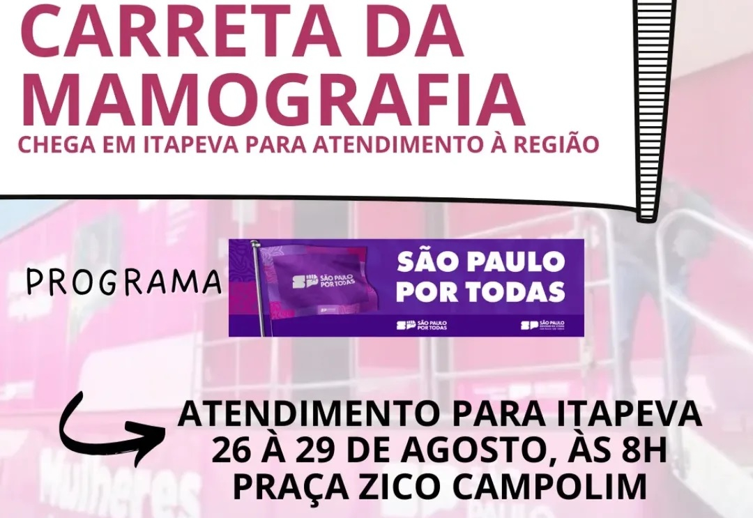 De 26 a 29/08, Itapeva recebe a Carreta da Mamografia